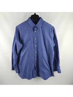 David Donahue Shirt Men 17.5/34-35 Blue Geometric Slim L/S Dress Shirt